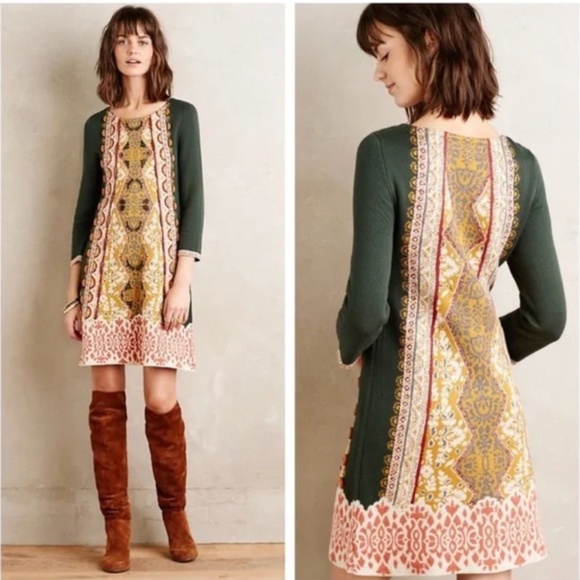 Anthropologie Dresses & Skirts - Anthropologie Knitted Knotted Beaded Lanka Sweater Dress L Boho Nordic Fair Isle